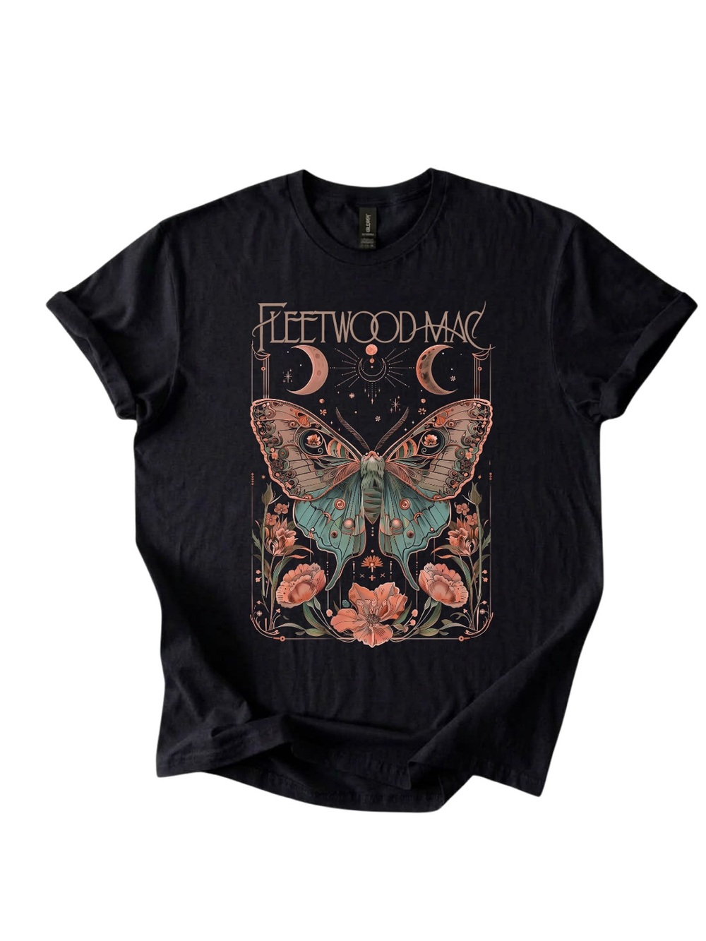 Gildan Black Graphic Tee with Moth and Floral Design